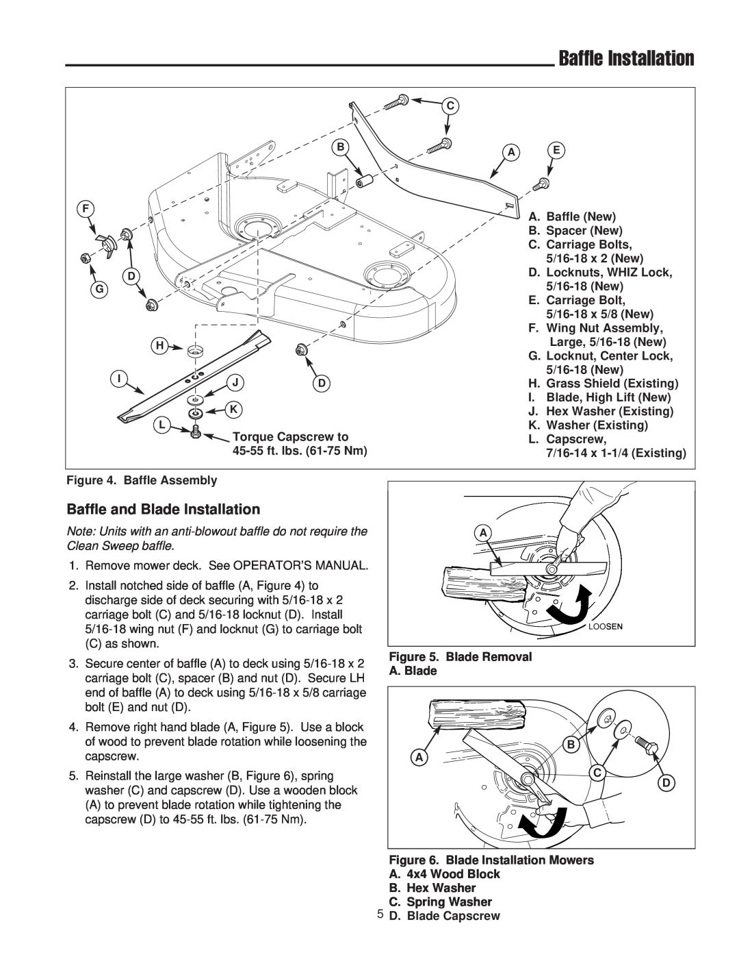Snapper 1695168, 1733729 manual Baffle Installation, Baffle and Blade Installation 