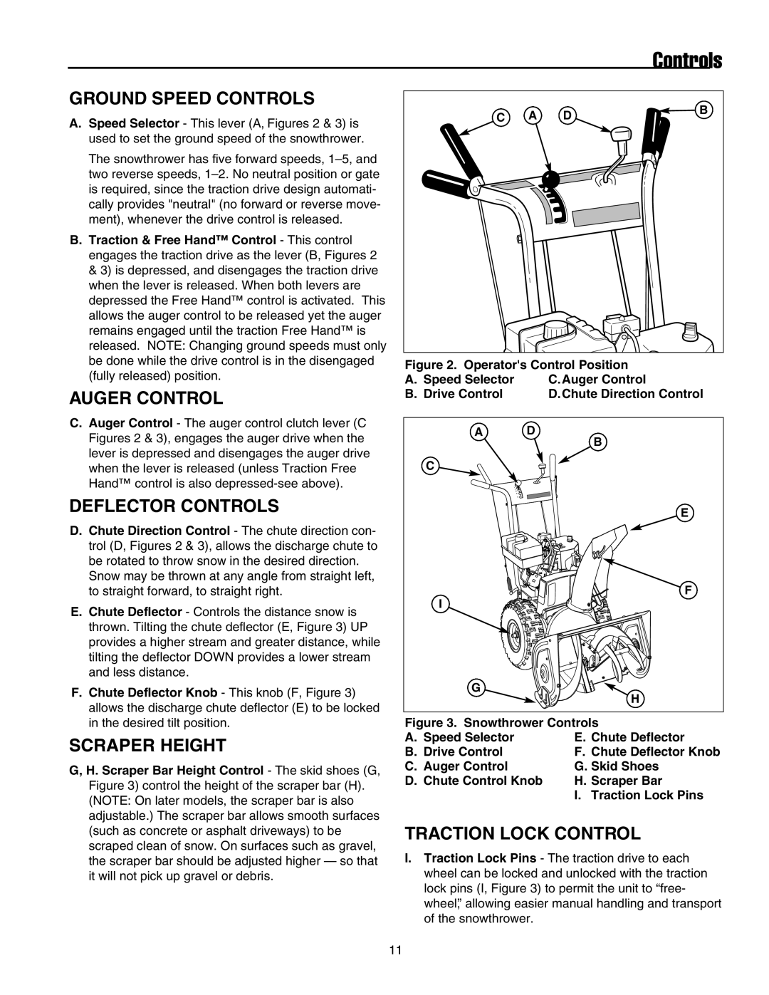 Snapper 17524EX manual Ground Speed Controls, Auger Control, Deflector Controls, Scraper Height, Traction Lock Control 