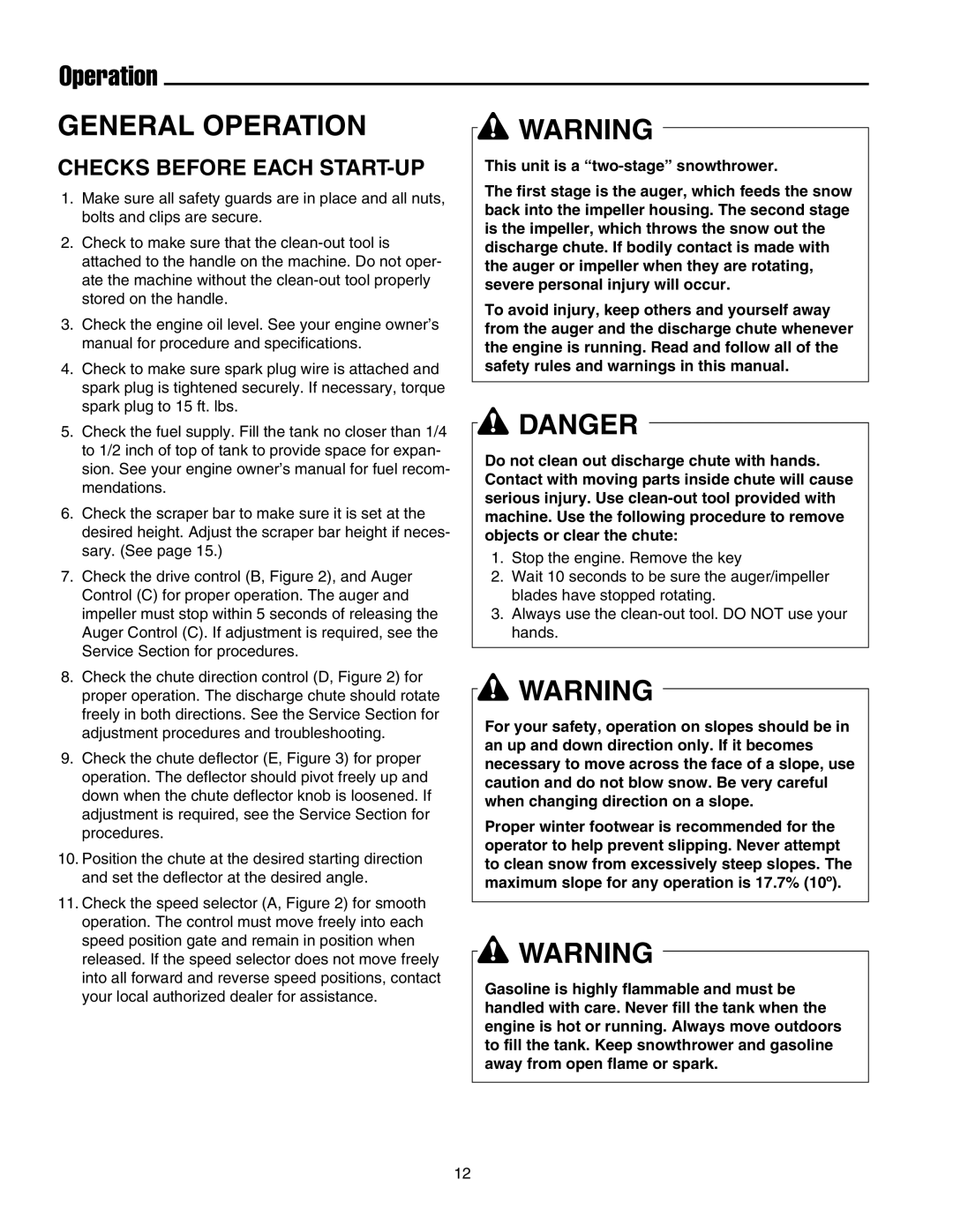 Snapper 17524EX, E175246E manual Operation, Checks Before Each START-UP 