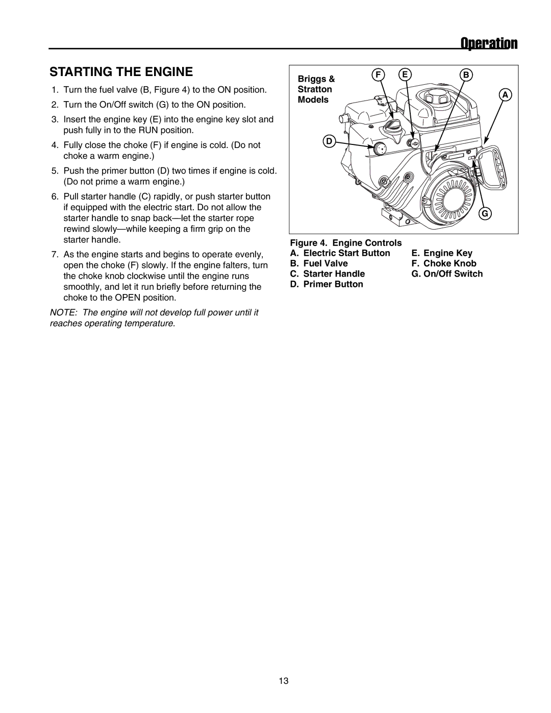 Snapper E175246E, 17524EX manual Starting the Engine, Briggs Stratton Models 