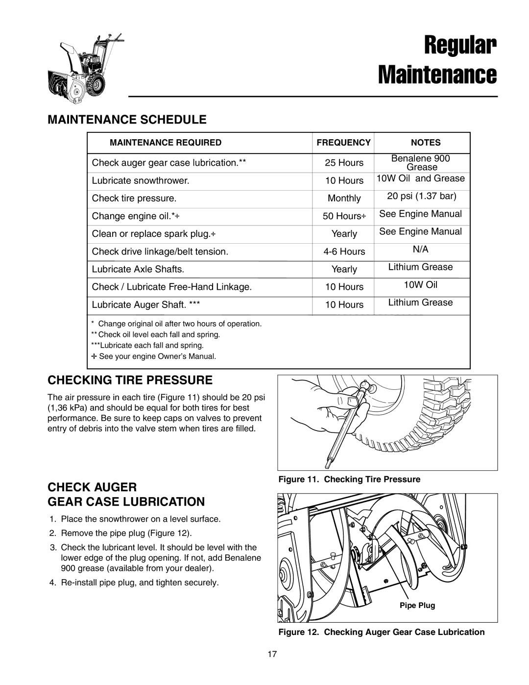 Snapper 17524EX, E175246E manual Maintenance Schedule, Checking Tire Pressure, Check Auger Gear Case Lubrication 