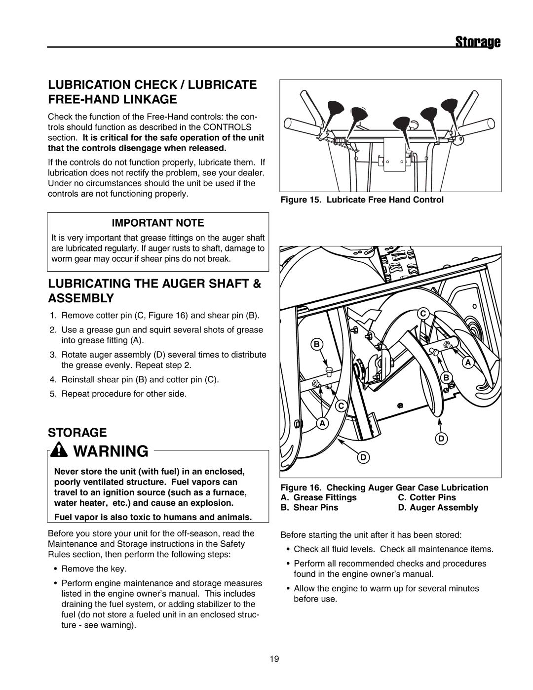 Snapper 17524EX, 175246E Storage, Lubrication Check / Lubricate FREE-HAND Linkage, Lubricating the Auger Shaft & Assembly 