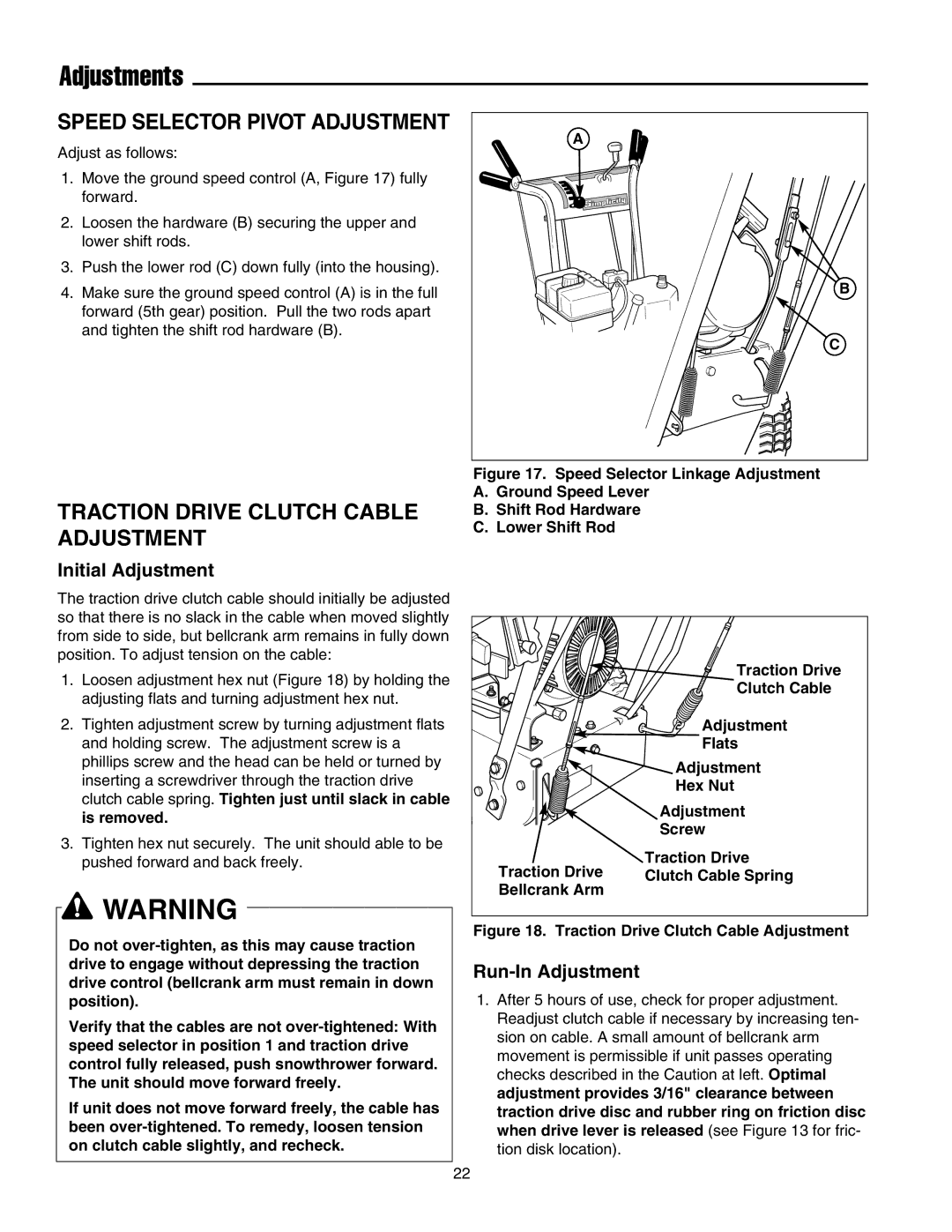 Snapper E175246, 17524EX manual Adjustments, Traction Drive Clutch Cable Adjustment, Initial Adjustment, Run-In Adjustment 