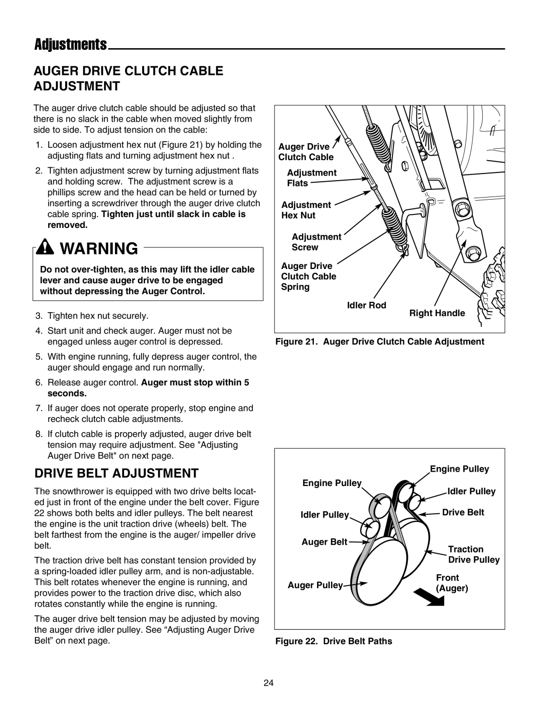 Snapper 17524EX, E175246E manual Auger Drive Clutch Cable Adjustment, Drive Belt Adjustment 