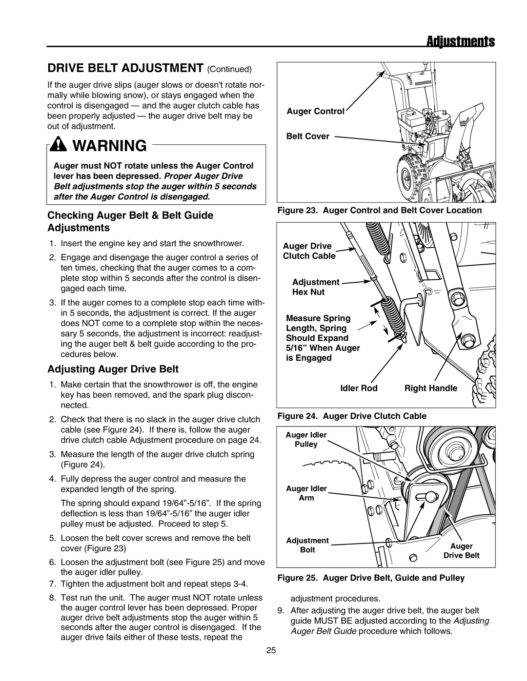 Snapper 175246E, 17524EX, E175246 manual Checking Auger Belt & Belt Guide Adjustments, Adjusting Auger Drive Belt, Belt Cover 