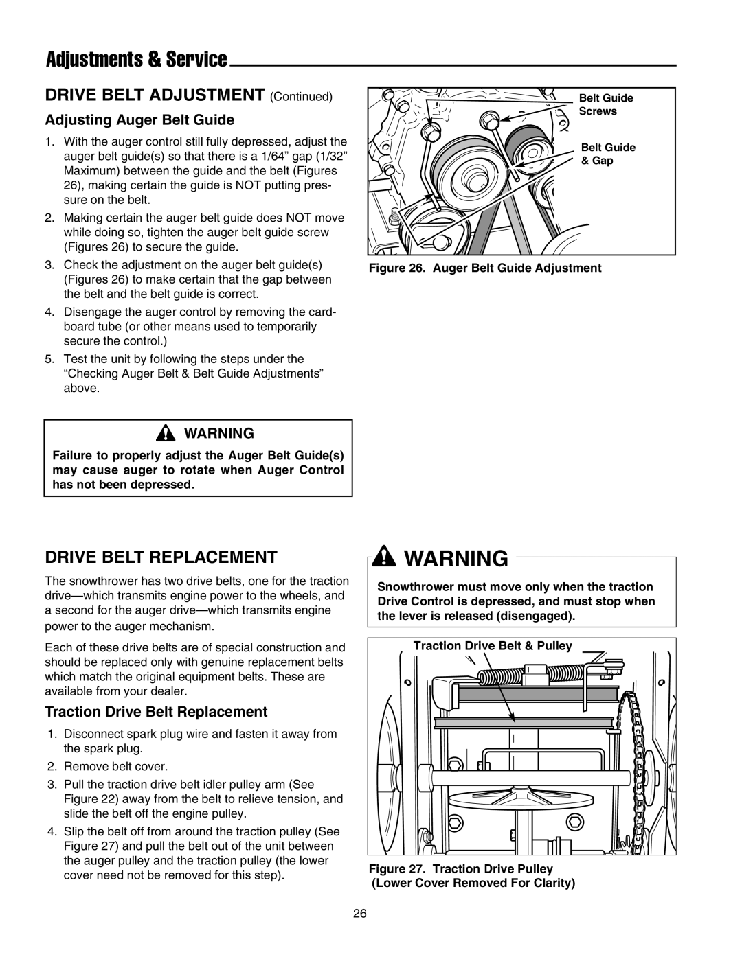 Snapper 17524EX, 175246E, E175246 Adjustments & Service, Adjusting Auger Belt Guide, Traction Drive Belt Replacement 