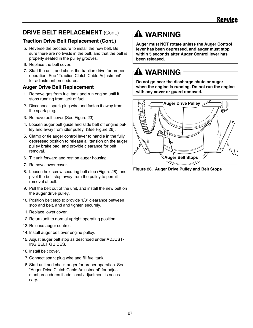 Snapper 17524EX, E175246E manual Service, Auger Drive Belt Replacement 