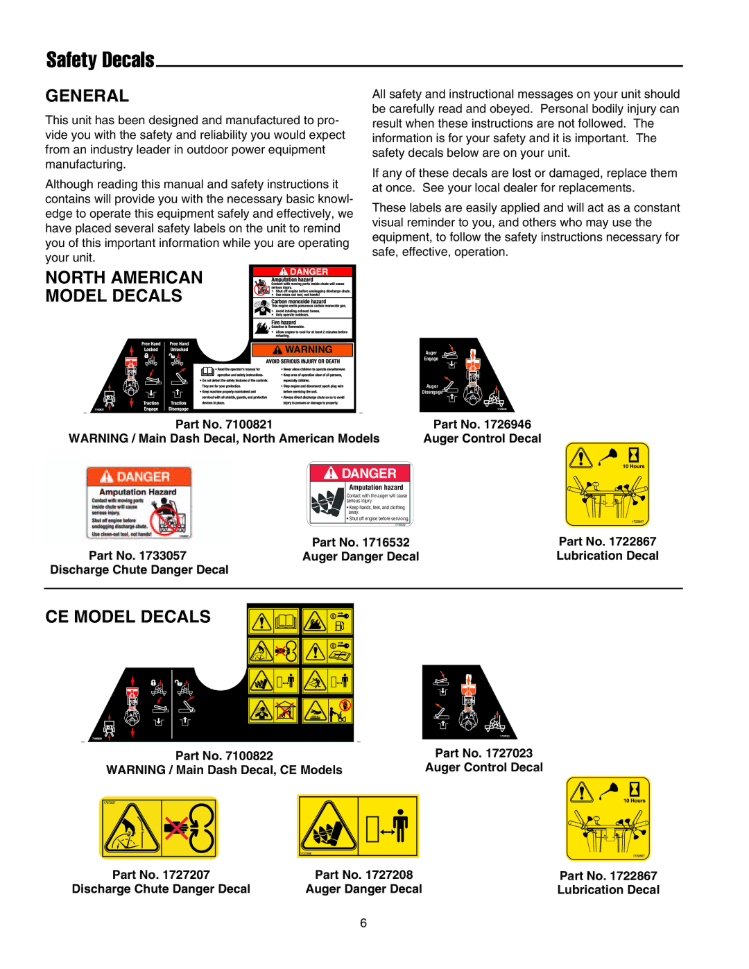 Snapper 17524EX, E175246E manual Safety Decals, General, North American Model Decals, CE Model Decals 