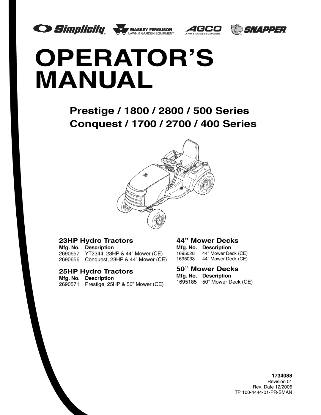 Snapper 1800, 2800, 500, 1700, 2700, 400 manual 23HP Hydro Tractors Mower Decks, 25HP Hydro Tractors Mower Decks, 1734088 