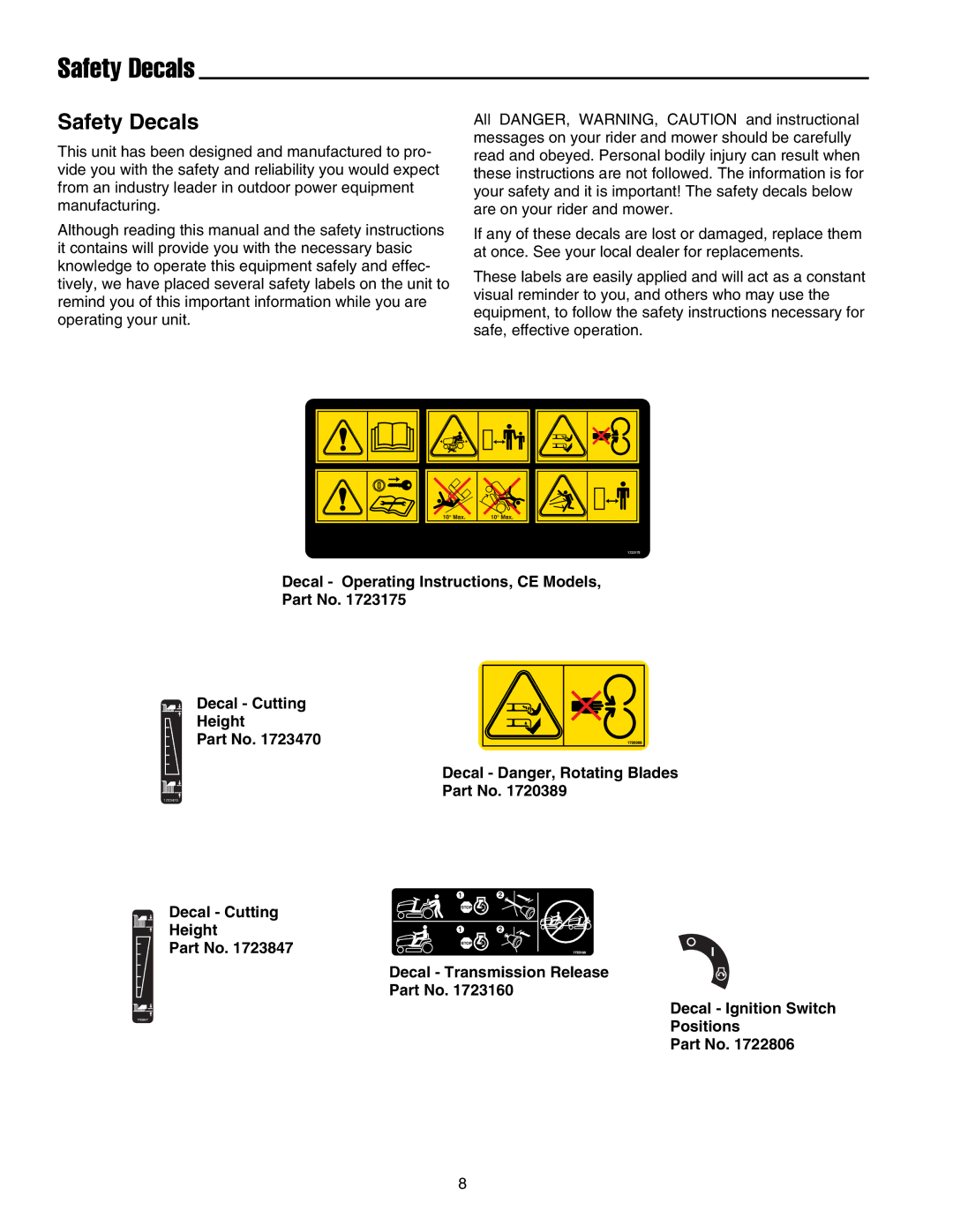 Snapper 1800, 2800, 500, 1700, 2700, 400 manual Safety Decals, Decal Cutting Height Decal Transmission Release 