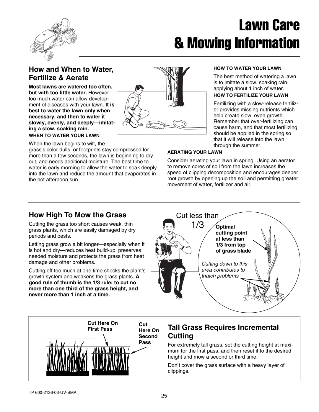 Snapper 1800, 2800, 500, 1700, 2700, 400 manual How and When to Water, Fertilize & Aerate, How High To Mow the Grass 