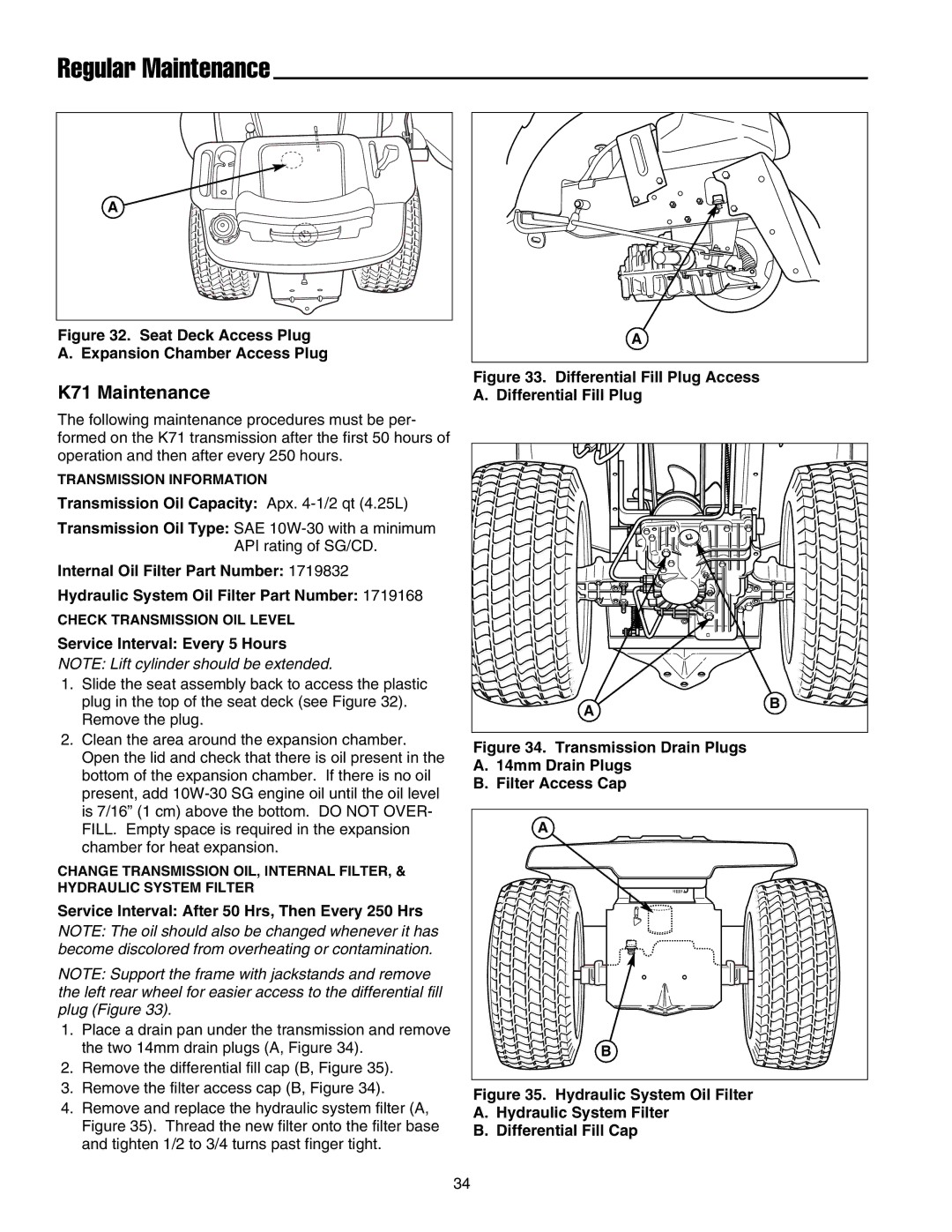 Snapper 1800, 2800, 500, 1700, 2700, 400 manual K71 Maintenance, Transmission Oil Capacity Apx -1/2 qt 4.25L 