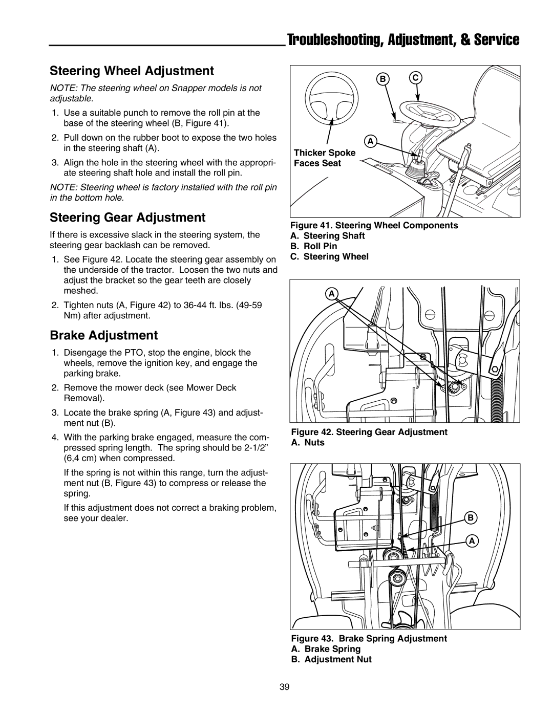 Snapper 1800, 2800, 500, 1700, 2700, 400 manual Steering Wheel Adjustment, Steering Gear Adjustment, Brake Adjustment 