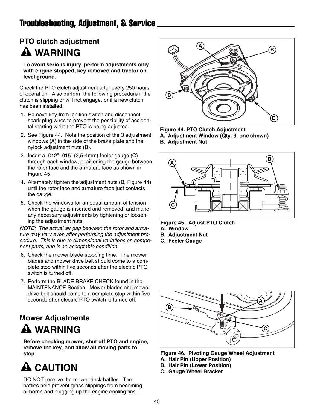 Snapper 1800, 2800, 500, 1700, 2700, 400 manual PTO clutch adjustment, Mower Adjustments 