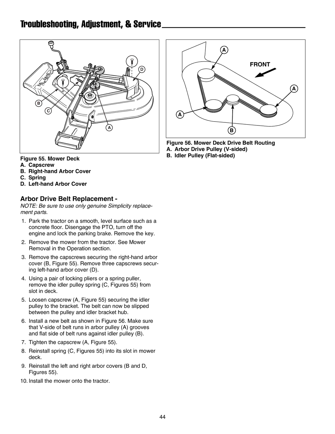 Snapper 1800, 2800, 500, 1700, 2700, 400 manual Arbor Drive Belt Replacement 