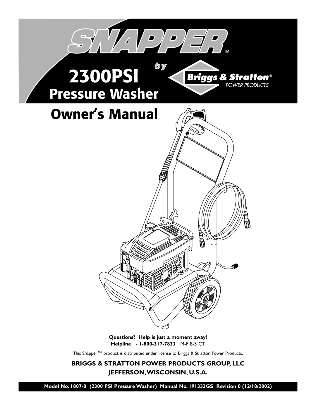 Snapper 1807-0 owner manual 2300PSI 