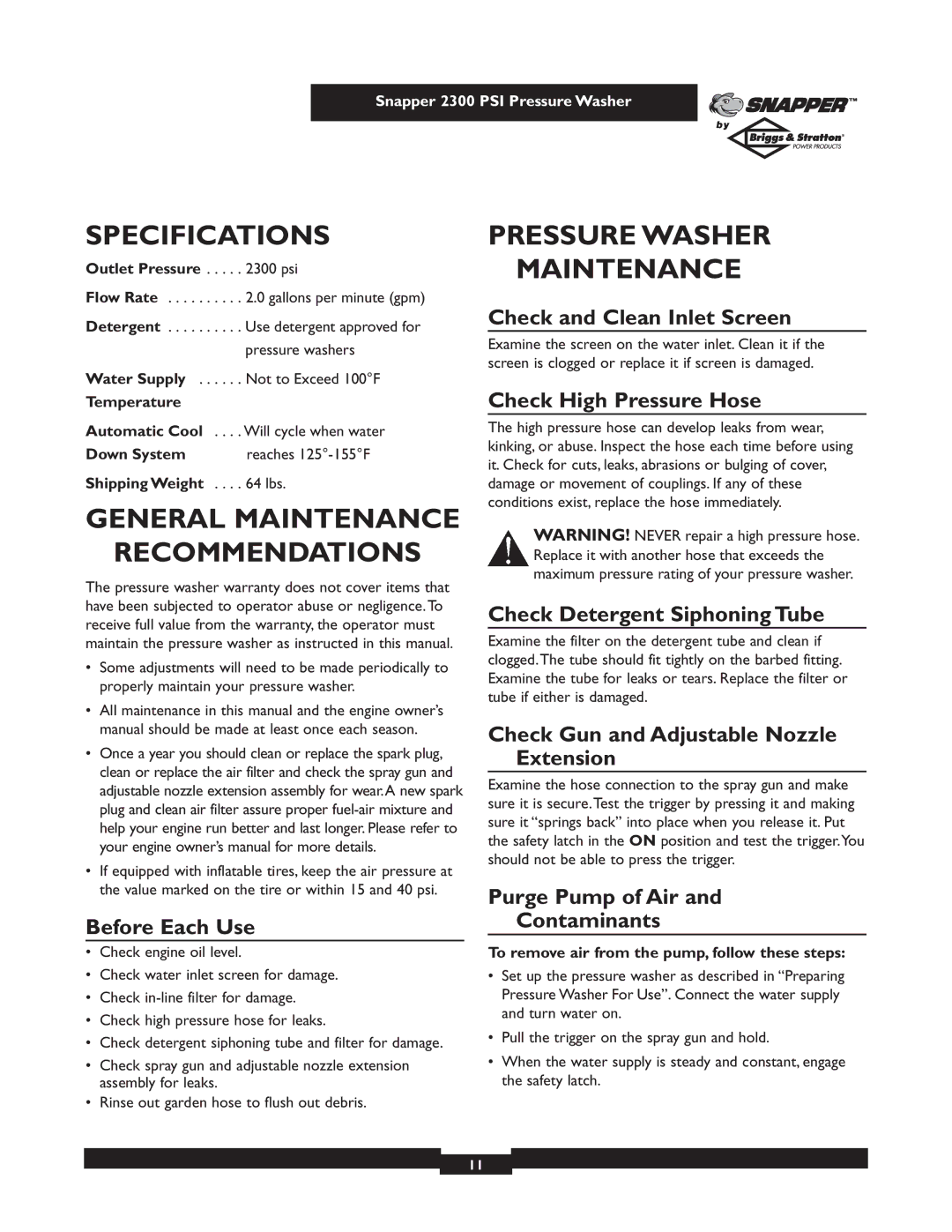 Snapper 1807-0 owner manual Specifications, General Maintenance Recommendations, Pressure Washer Maintenance 