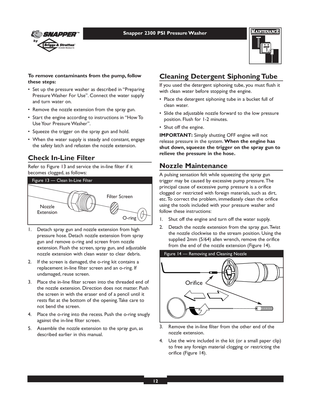 Snapper 1807-0 owner manual Check In-Line Filter Cleaning Detergent Siphoning Tube, Nozzle Maintenance 