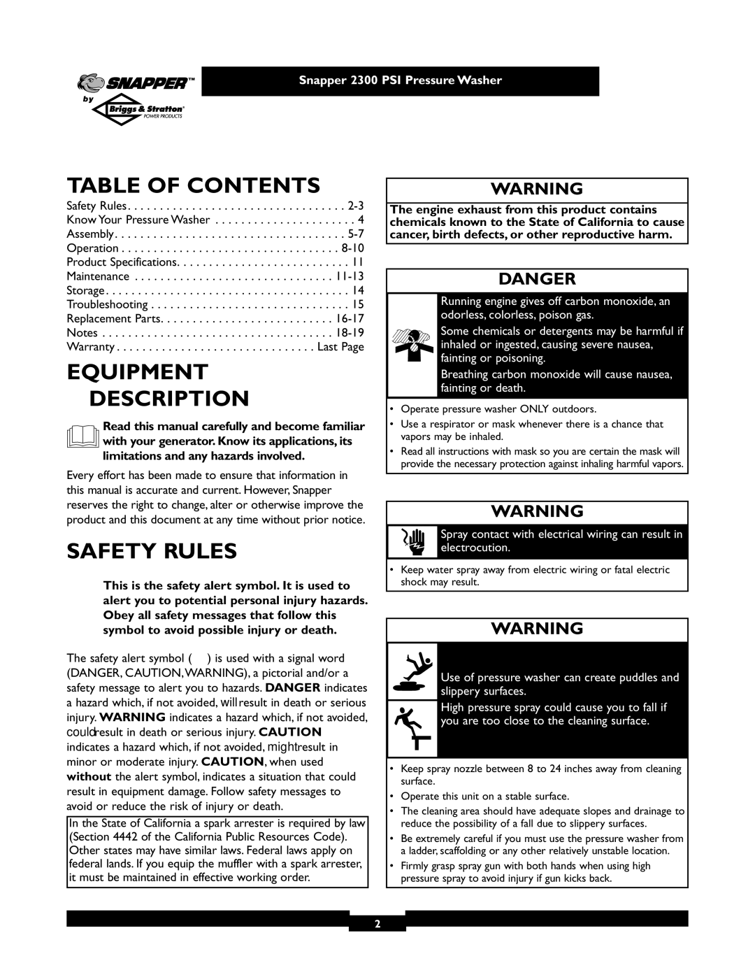 Snapper 1807-0 owner manual Table of Contents, Equipment Description, Safety Rules 