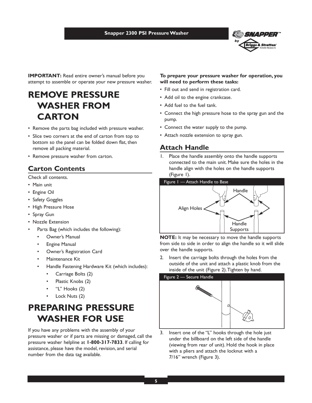 Snapper 1807-0 Remove Pressure Washer from Carton, Preparing Pressure Washer for USE, Carton Contents, Attach Handle 