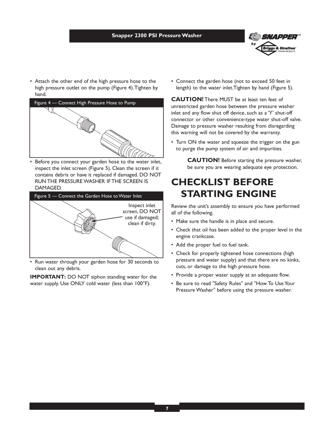 Snapper 1807-0 owner manual Checklist Before Starting Engine, Connect High Pressure Hose to Pump 