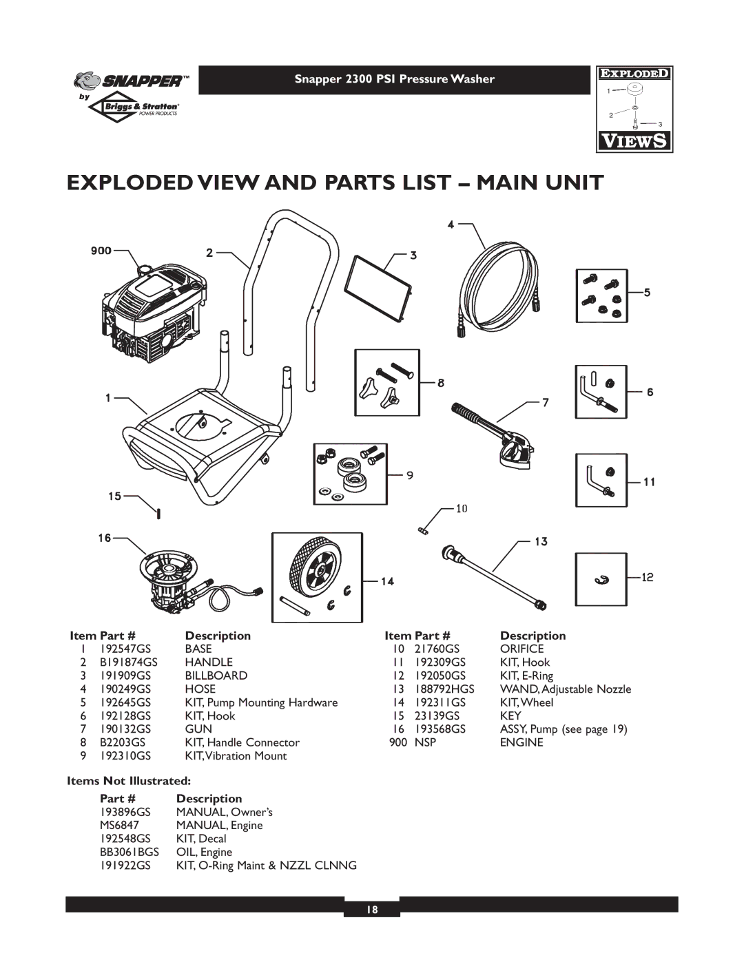 Snapper 1807-1 owner manual Exploded View and Parts List Main Unit, Items Not Illustrated Description 