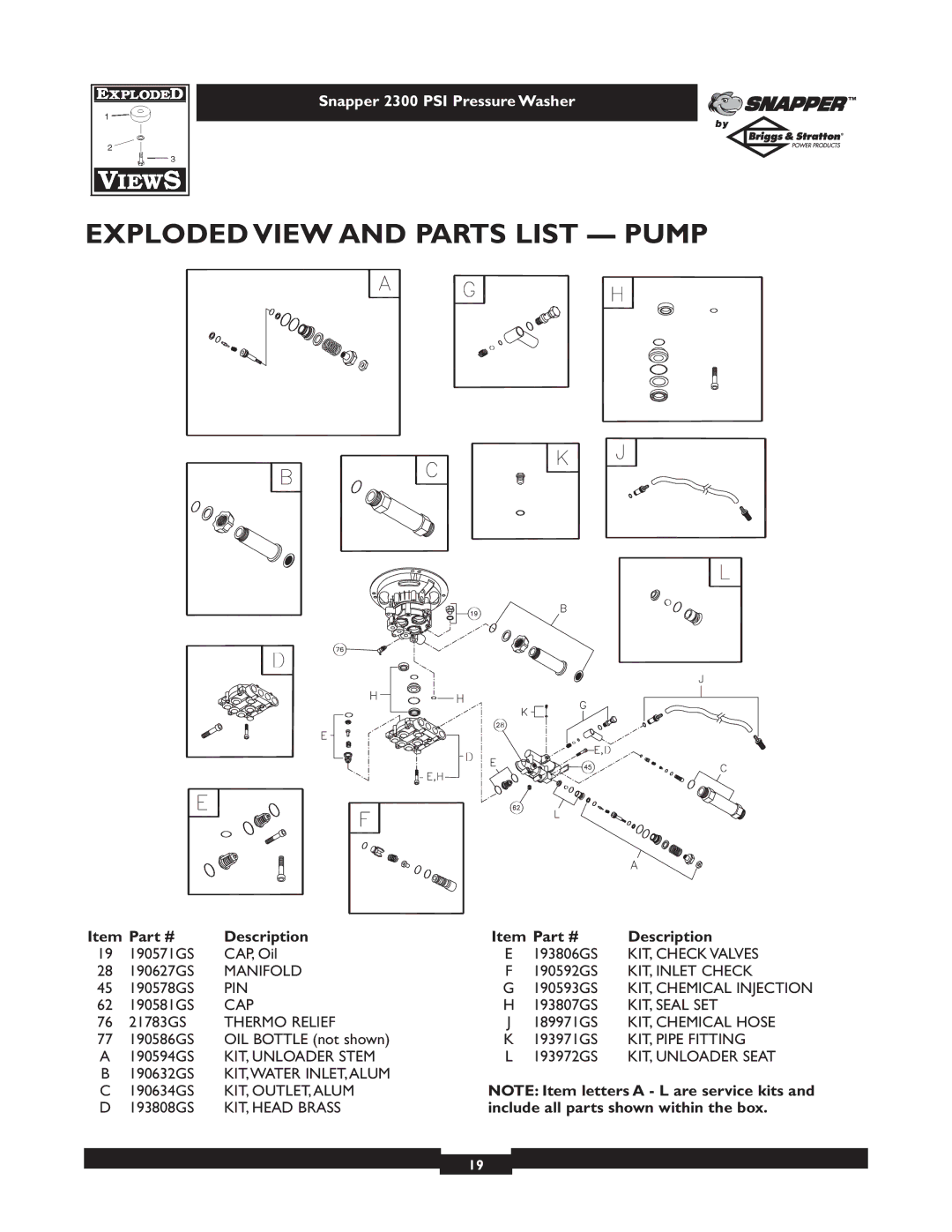 Snapper 1807-1 owner manual Exploded View and Parts List Pump, Include all parts shown within the box 