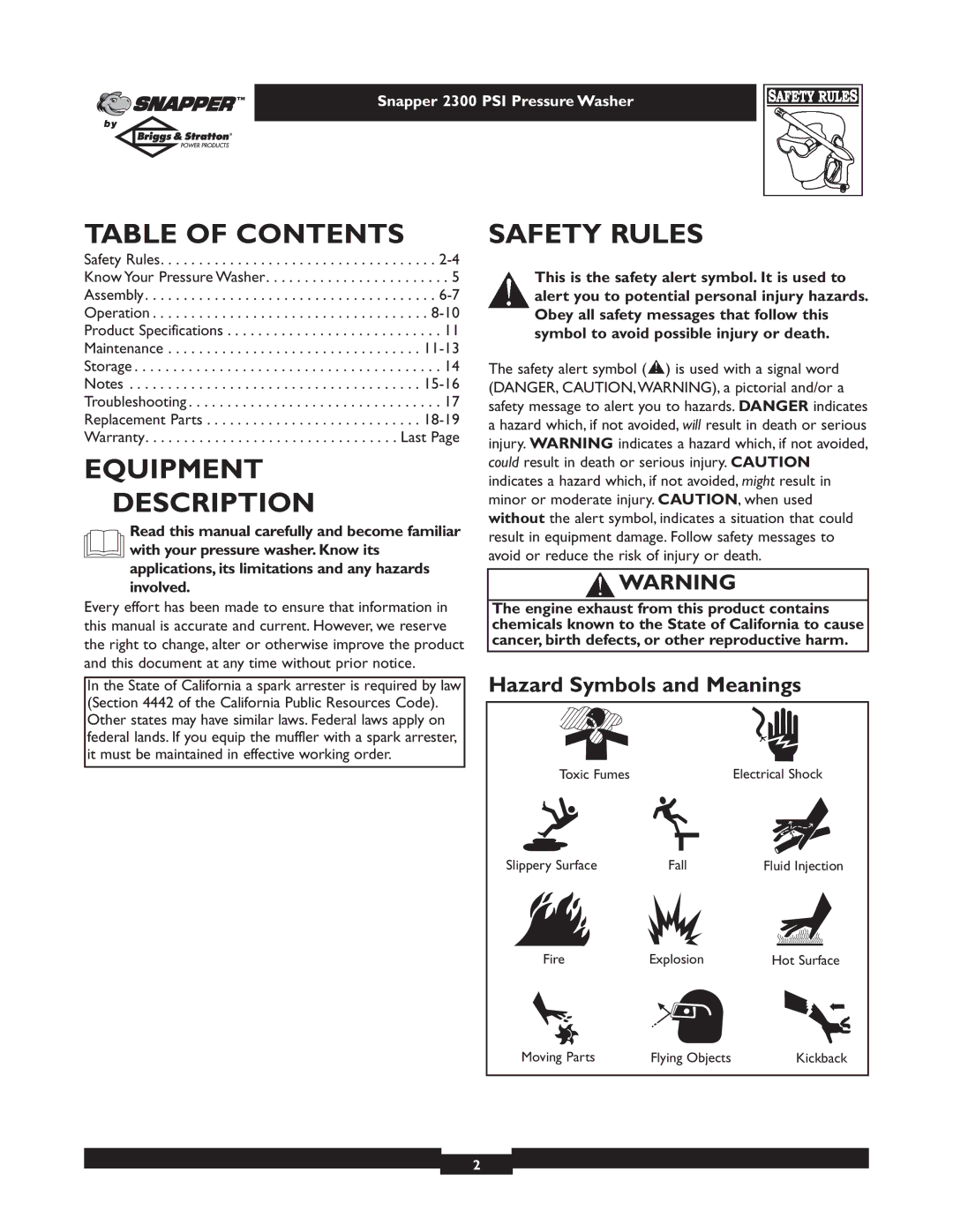 Snapper 1807-1 owner manual Table of Contents, Equipment Description, Safety Rules 