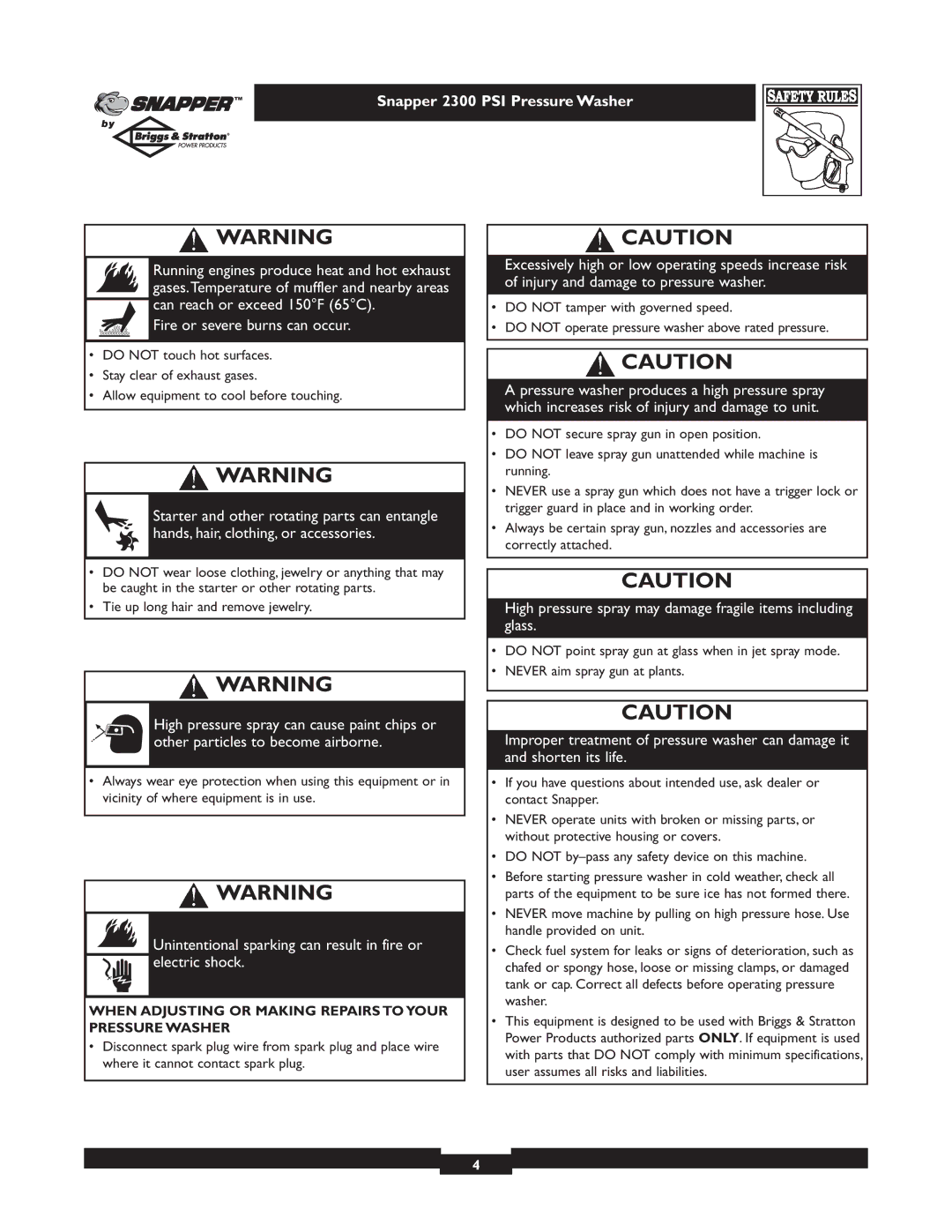 Snapper 1807-1 owner manual Fire or severe burns can occur, Unintentional sparking can result in fire or electric shock 