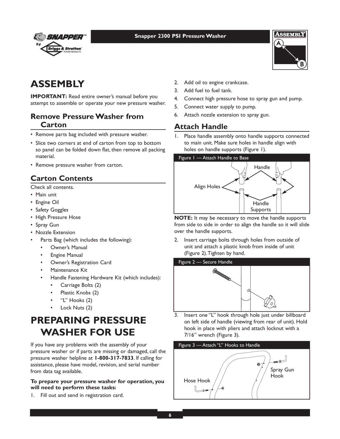 Snapper 1807-1 Assembly, Preparing Pressure Washer for USE, Remove Pressure Washer from Carton, Carton Contents 