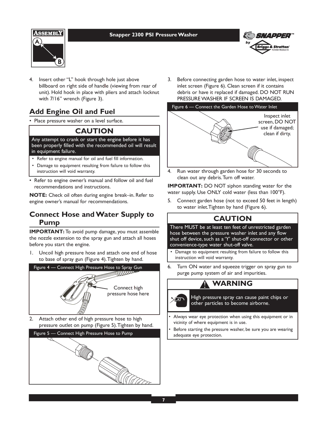 Snapper 1807-1 owner manual Add Engine Oil and Fuel, Connect Hose and Water Supply to Pump 