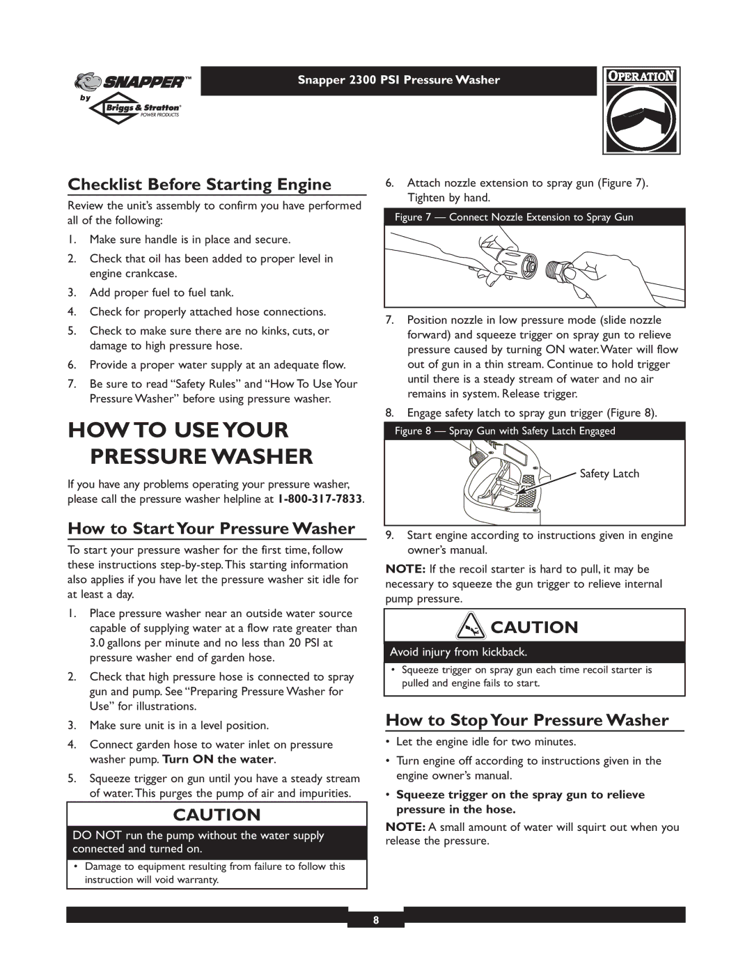 Snapper 1807-1 HOW to USE Your Pressure Washer, Checklist Before Starting Engine, How to Start Your Pressure Washer 