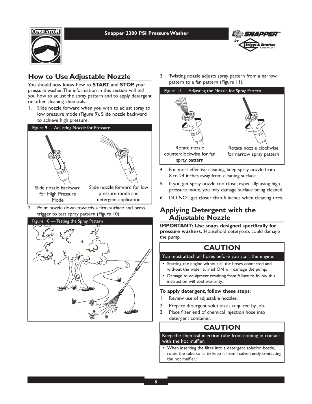 Snapper 1807-1 owner manual How to Use Adjustable Nozzle, Applying Detergent with the Adjustable Nozzle 