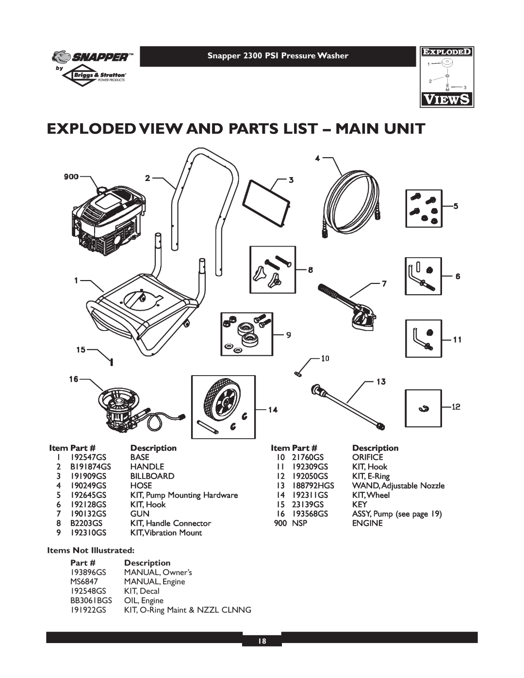 Snapper 1807-1 owner manual Exploded View And Parts List - Main Unit, Description, Items Not Illustrated 