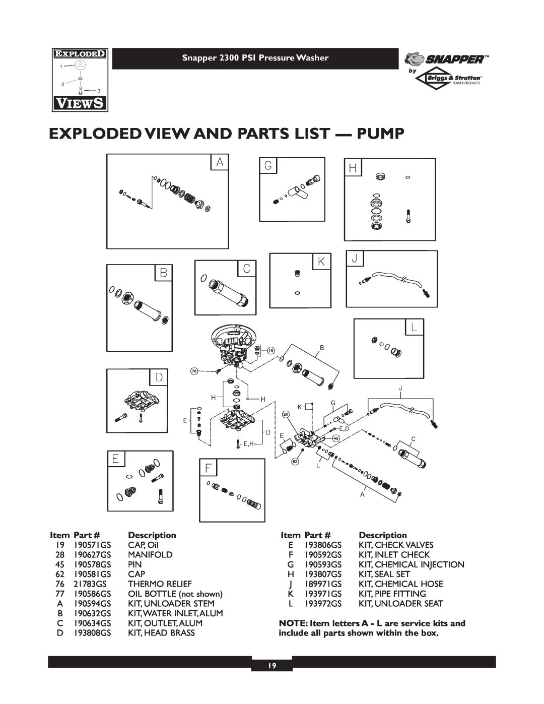 Snapper 1807-1 owner manual Exploded View And Parts List - Pump, NOTE Item letters A - L are service kits and, Description 