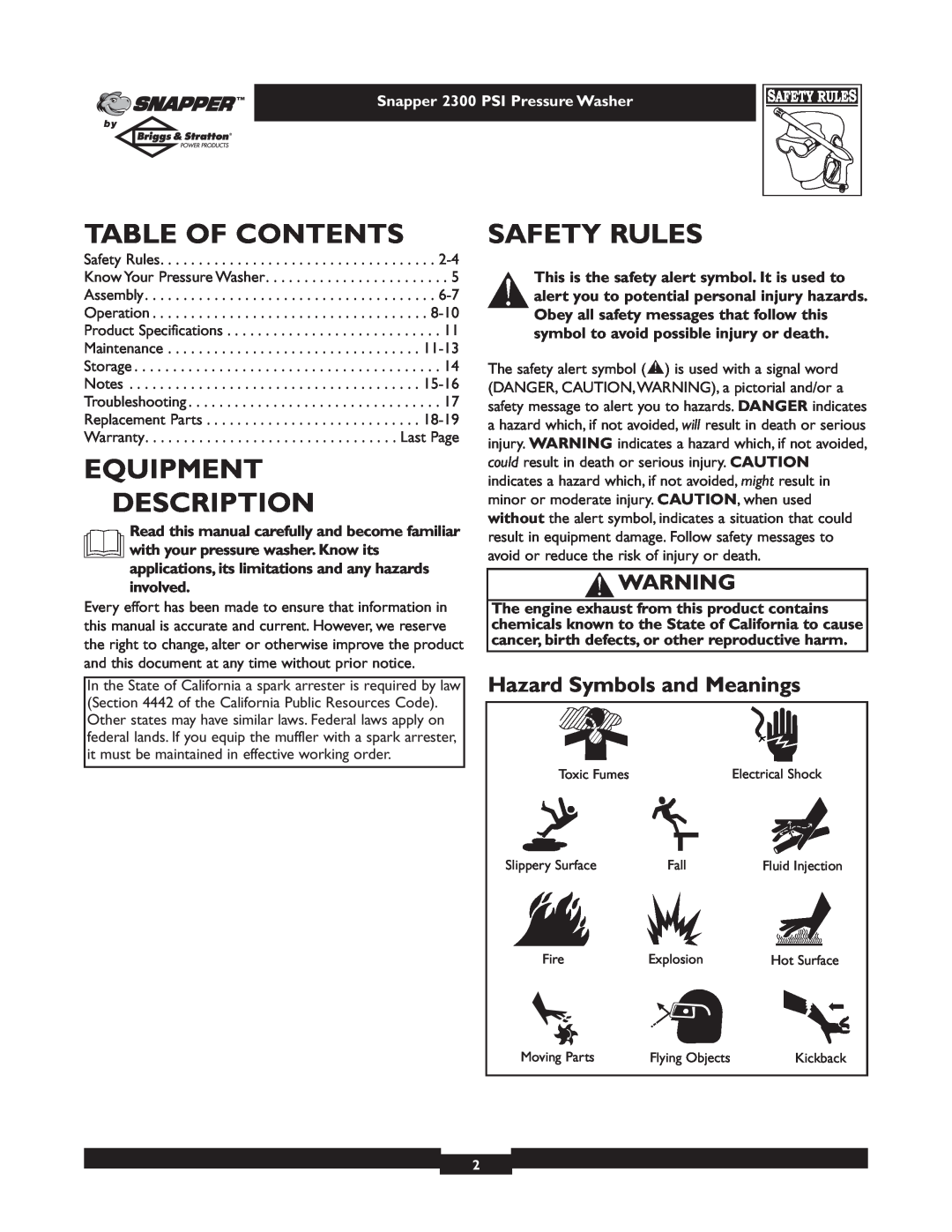 Snapper 1807-1 owner manual Table Of Contents, Equipment Description, Safety Rules, Hazard Symbols and Meanings 