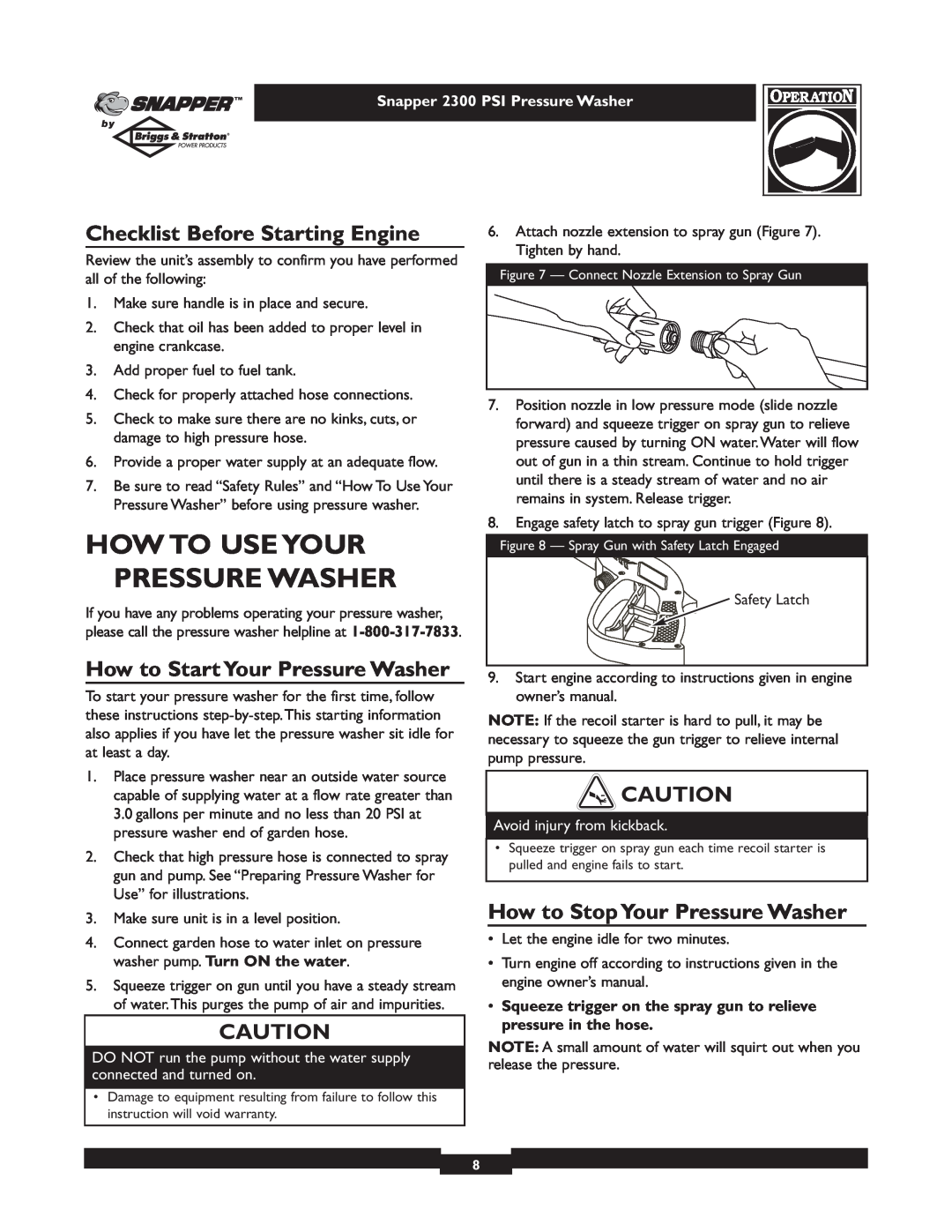 Snapper 1807-1 How To Use Your Pressure Washer, Checklist Before Starting Engine, How to Start Your Pressure Washer 