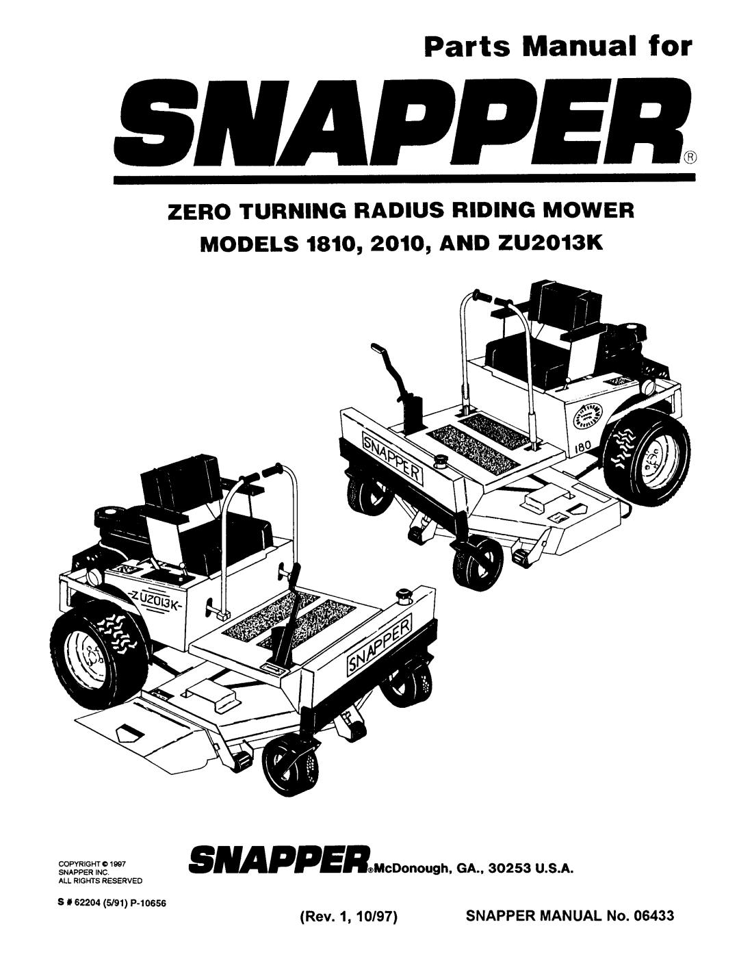 Snapper 2010, 1810, ZU2013K manual 