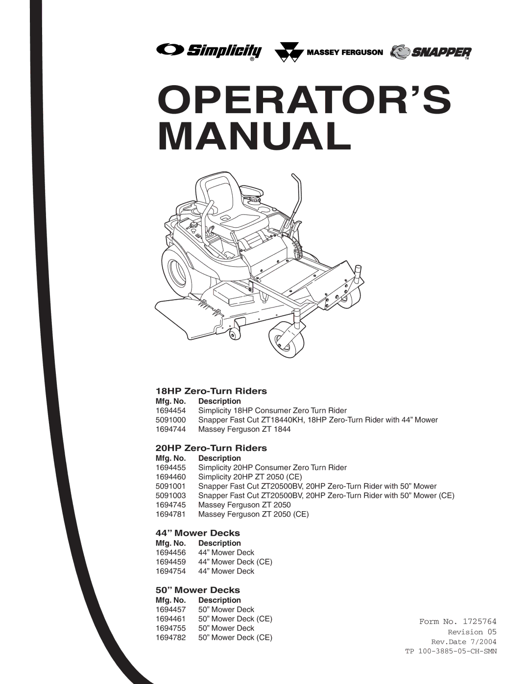 Snapper 18HP, 19HP manual 18HP Zero-Turn Riders, 20HP Zero-Turn Riders, Mower Decks 