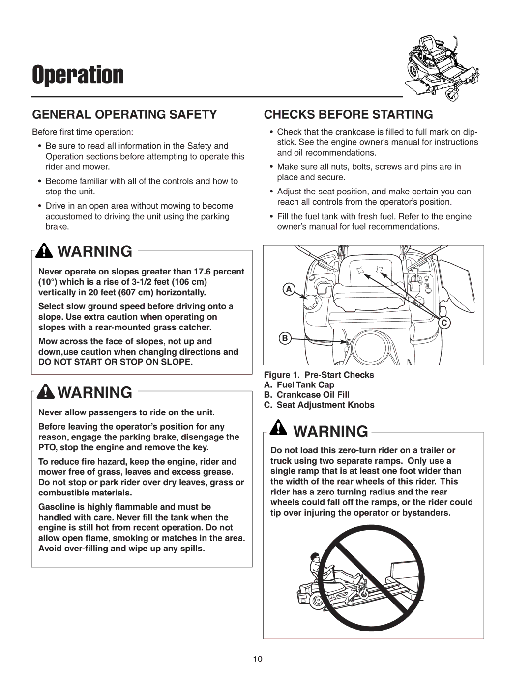 Snapper 18HP, 19HP manual General Operating Safety, Checks Before Starting 