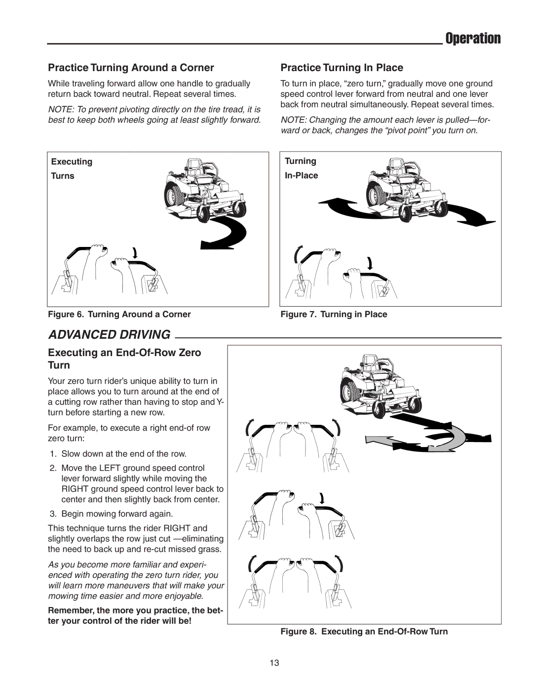 Snapper 18HP, 19HP manual Practice Turning Around a Corner, Executing an End-Of-Row Zero Turn, Turns 