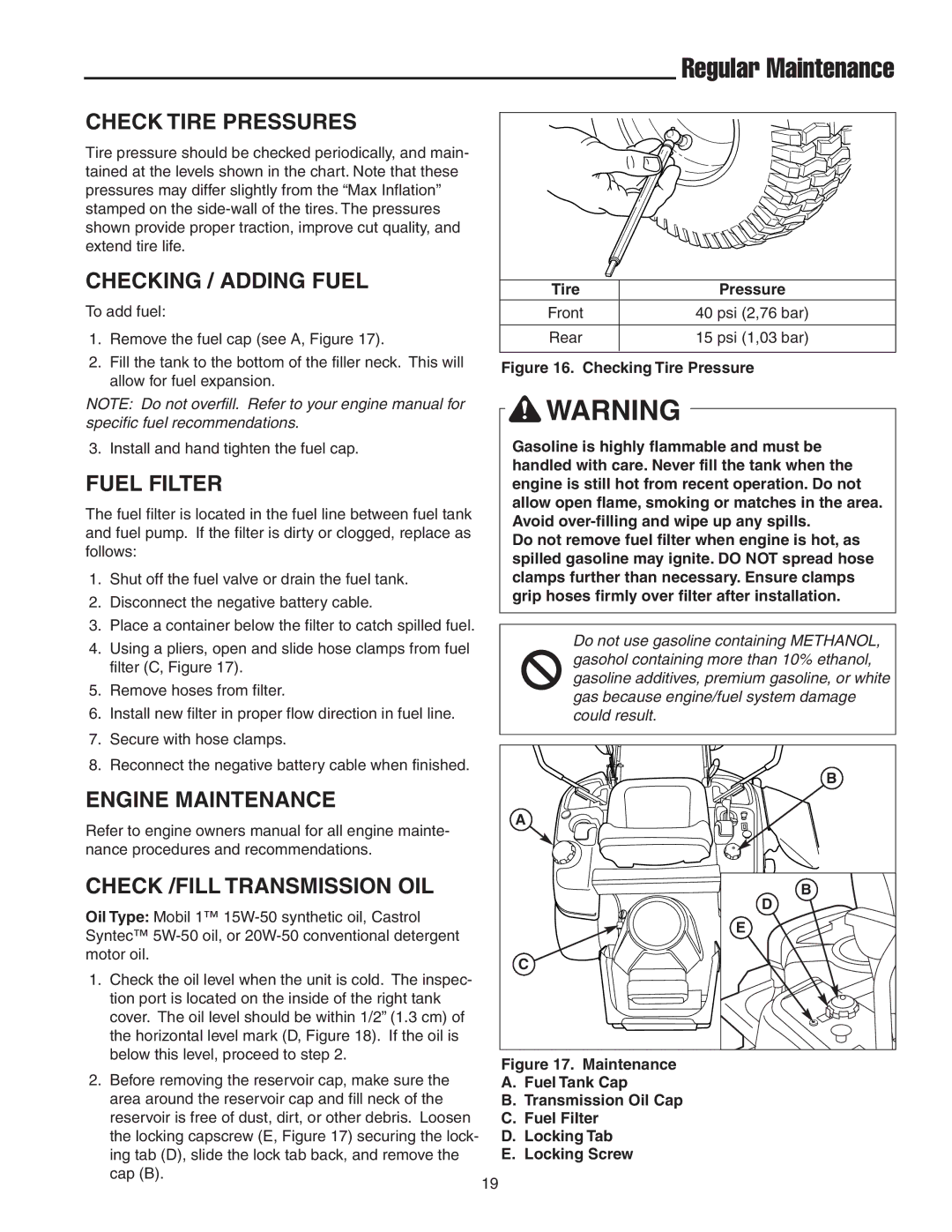 Snapper 18HP, 19HP manual Check Tire Pressures, Checking / Adding Fuel, Fuel Filter 