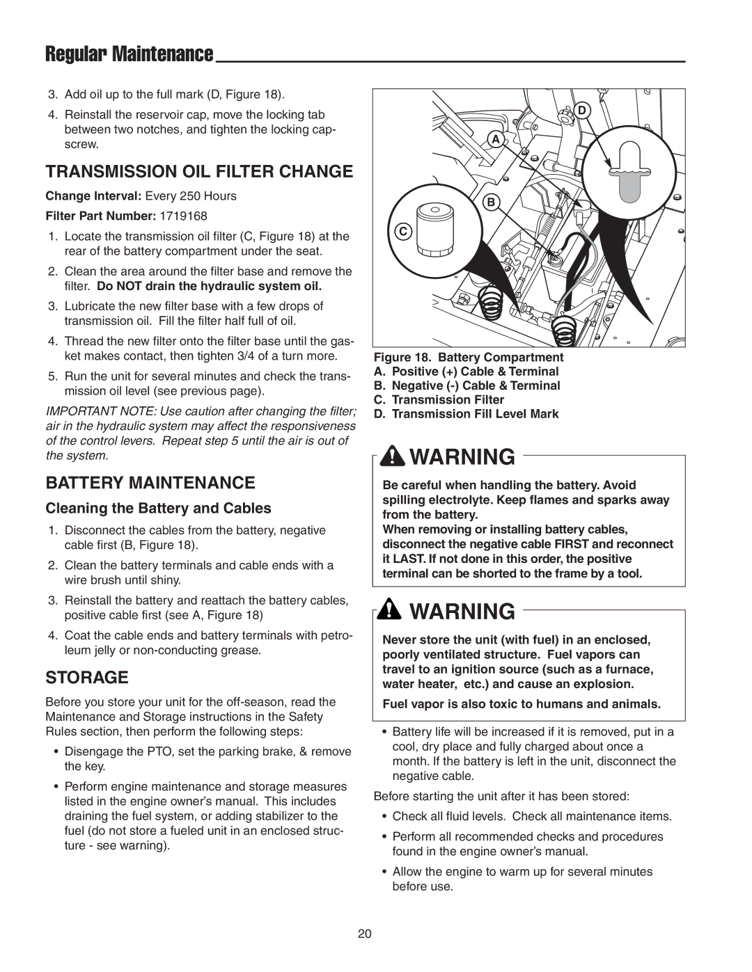 Snapper 18HP, 19HP manual Transmission OIL Filter Change, Battery Maintenance, Storage, Cleaning the Battery and Cables 