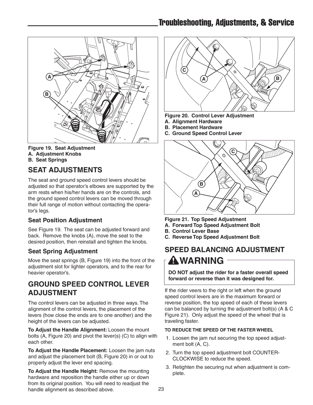 Snapper 18HP, 19HP manual Seat Adjustments, Speed Balancing Adjustment, Ground Speed Control Lever Adjustment 