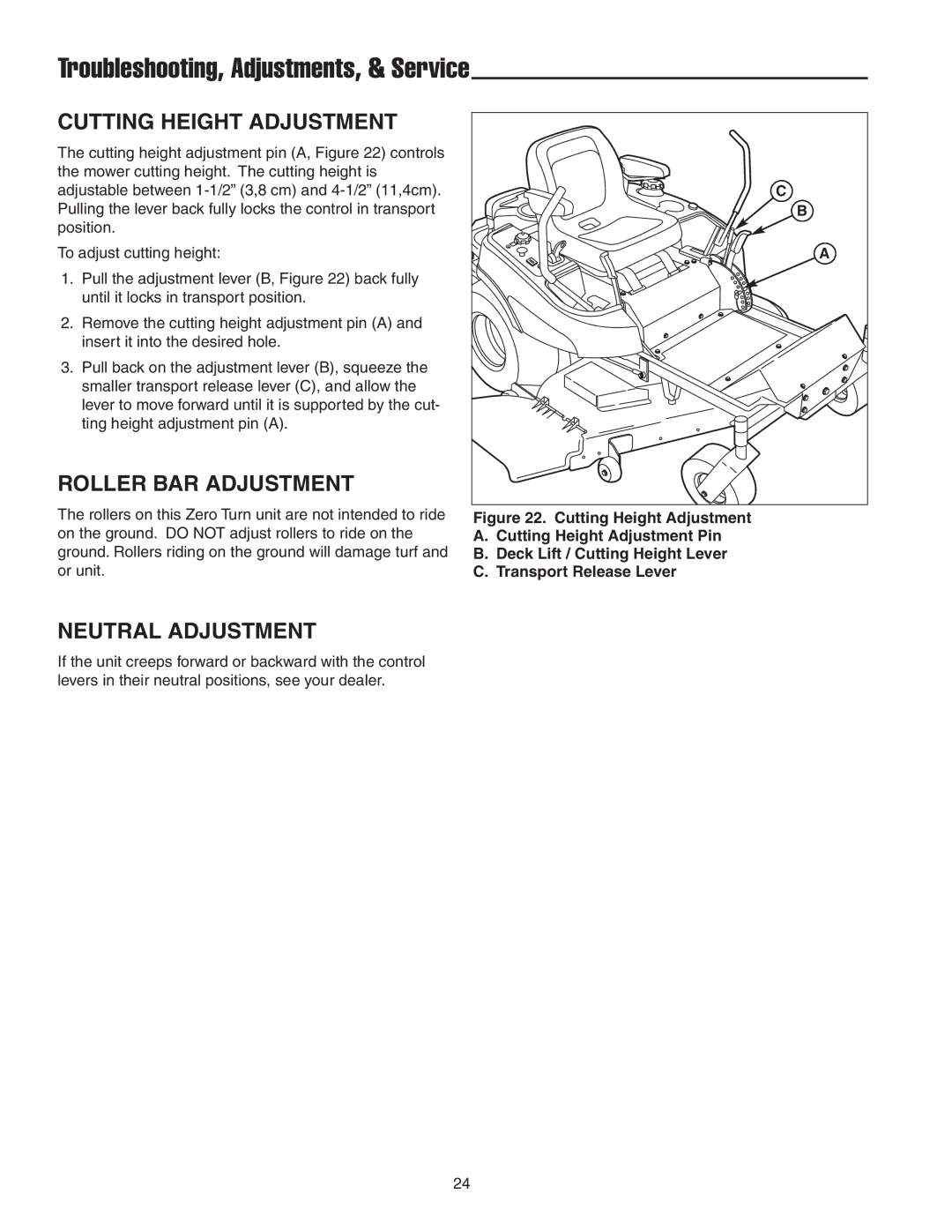 Snapper 18HP, 19HP manual Cutting Height Adjustment, Roller BAR Adjustment, Neutral Adjustment 