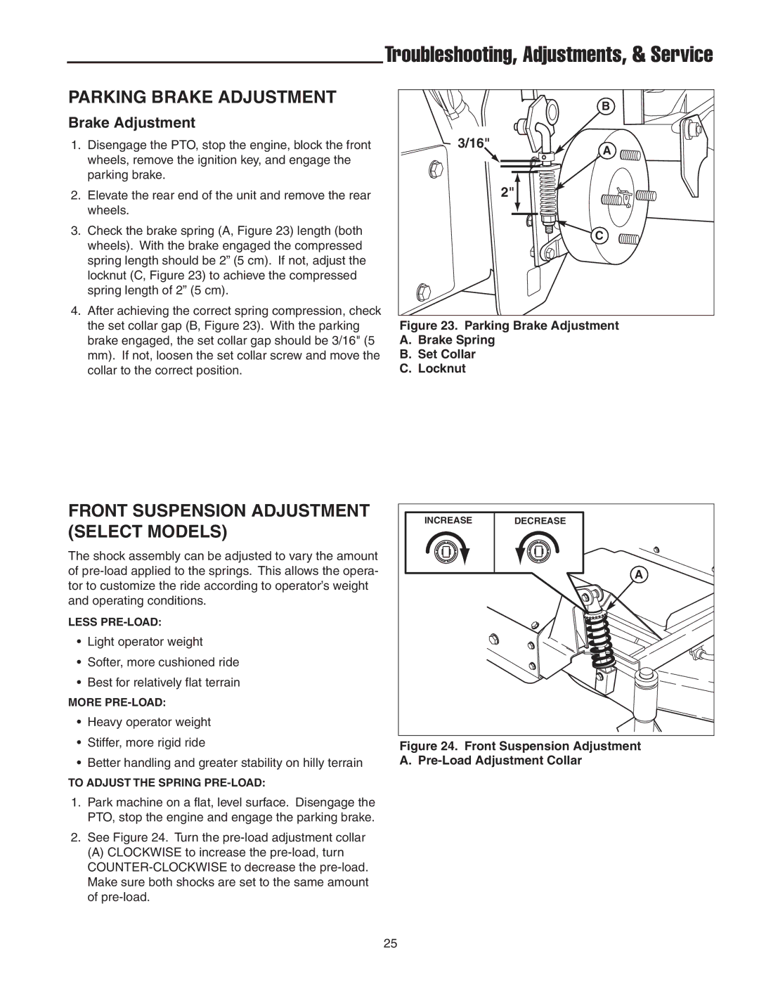 Snapper 18HP, 19HP manual Parking Brake Adjustment, Front Suspension Adjustment Select Models 