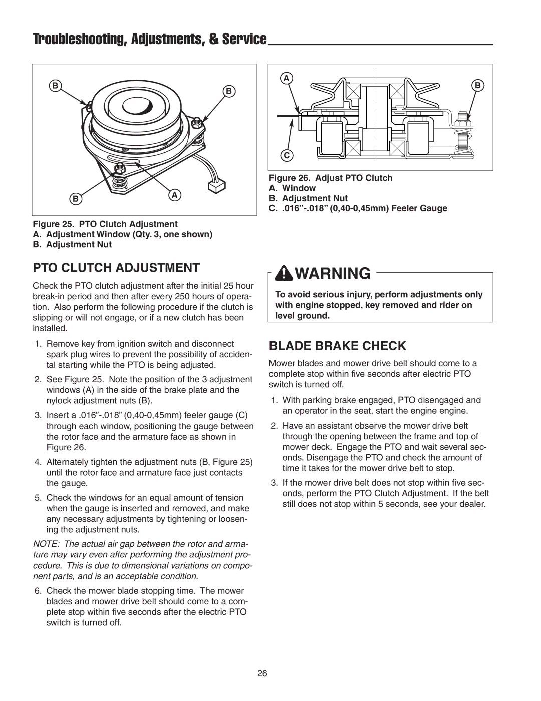 Snapper 18HP, 19HP manual PTO Clutch Adjustment, Blade Brake Check 