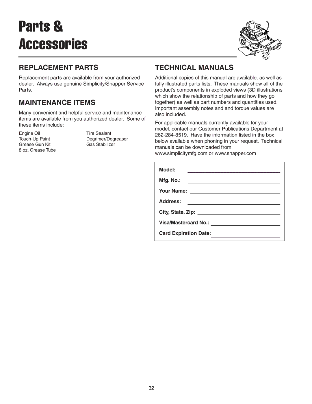 Snapper 18HP, 19HP manual Replacement Parts, Maintenance Items, Technical Manuals 