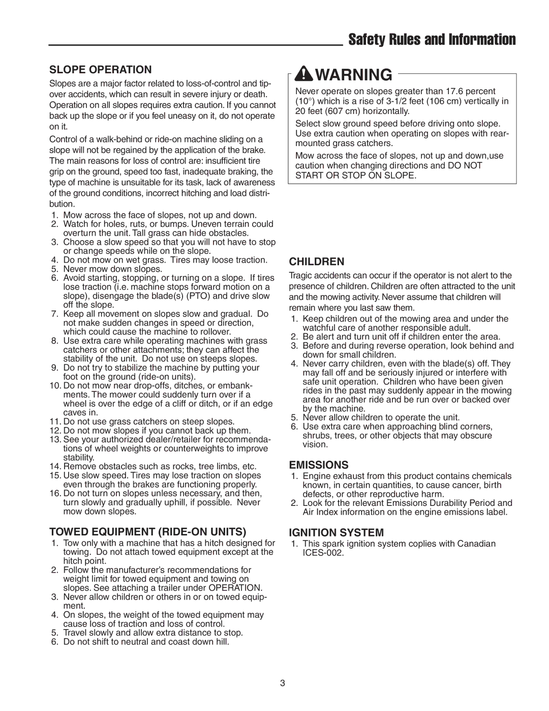 Snapper 18HP, 19HP manual Safety Rules and Information, Slope Operation 