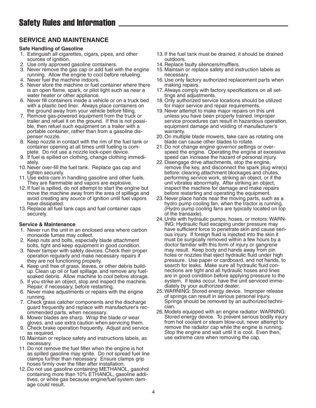 Snapper 18HP, 19HP manual Safe Handling of Gasoline, Service & Maintenance 
